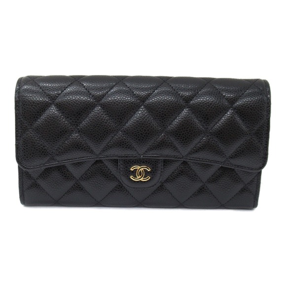 CHANEL Matelasse Bifold Long Wallet Caviar Skin Grained Calf Black - Picture 1 of 9